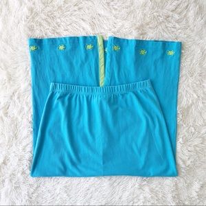 The Quacker Factory blue cotton pique maxi skirt embroidered green turtl…